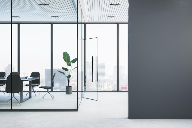 Modern glass conference room interior with empty mock up place on wall furniture and panoramic window with city view and daylight 3D Rendering