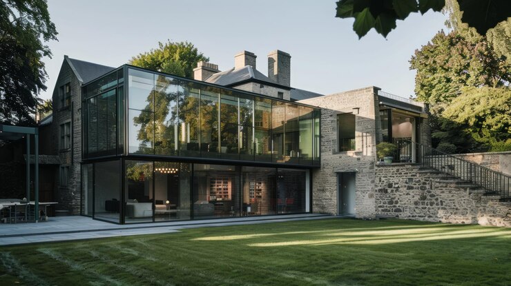 Photo modern glass extension on a stone house with a green lawn