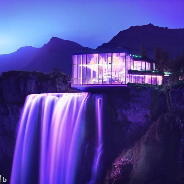 Modern glass house built on top of a waterfall with lights and surrounded by a mountain at dusk