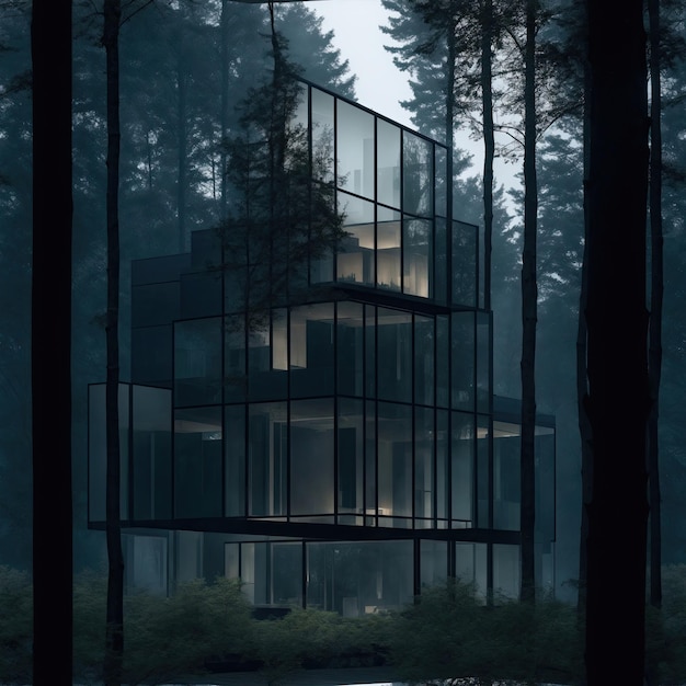 Modern glass house in the dense and foggy forest