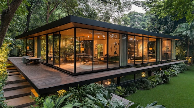modern glass house in lush green forest