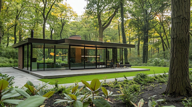 A modern glass house in the middle of a lush green forest