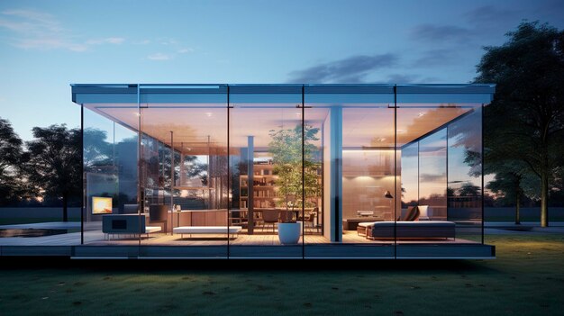 Modern glass house with minimalist design and reflecting on water surface