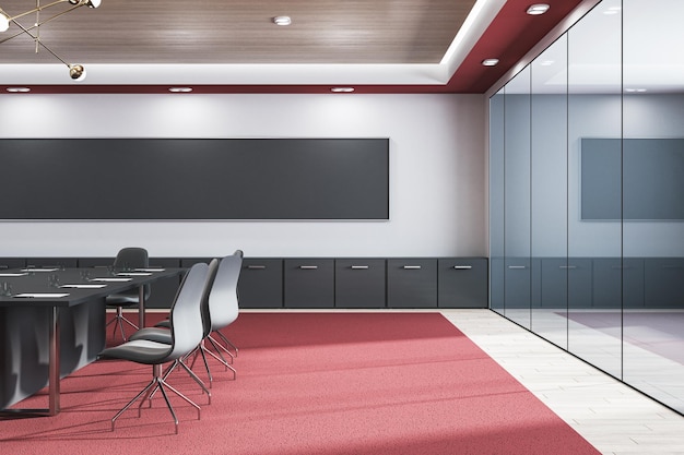 벽 3D 렌더링에 가구 레드 카펫과 빈 넓은 검은색 모의 배너가 있는 현대적인 유리 회의 또는 회의실 인테리어