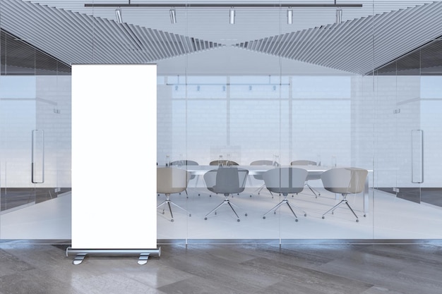 Modern glass meeting room interior with furniture and empty white mock up rollup banner 3D Rendering