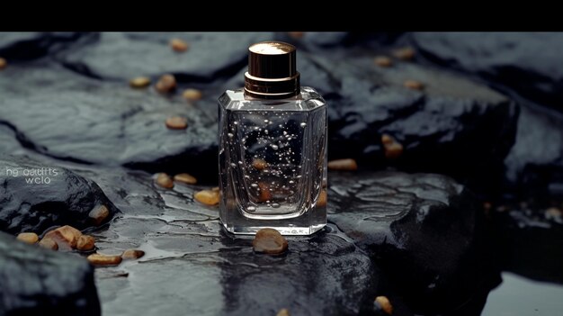 Photo modern glass men perfume bottle among black rocks in the rain fragrance and perfumery postprocessed generative ai illustrator