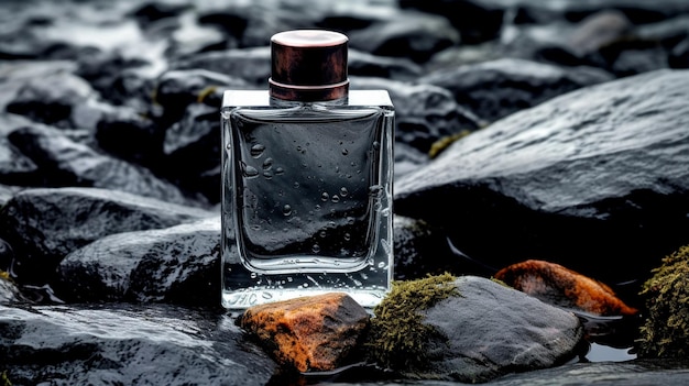 Modern glass men perfume bottle among black rocks in the rain fragrance and perfumery postprocessed Generative AI illustrator