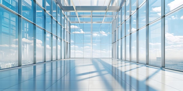 Modern Glass Office Building Interior Sunny Sky Reflections Empty Corporate Hallway Conceptual Image of Space and Architecture AI