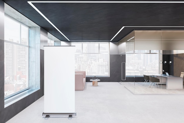 빈 흰색 모의 배너 파노라마 창과 도시 전망 복도 가구 일광 및 장비 Workplace 및 기업 개념 3D 렌더링이 있는 현대적인 유리 사무실 내부