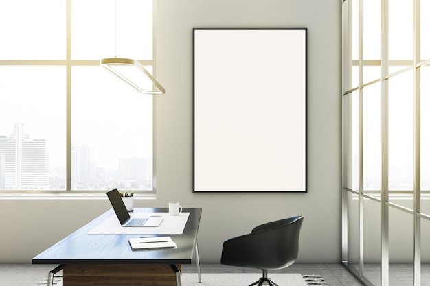 Modern glass office interior with panoramic city view sunlight and empty white poster on wall Mock up 3D Rendering