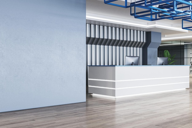 Современный стеклянный офисный интерьер с приемной столом пустый белый макет место деревянный пол и творческий синий потолок вестибюль и зона ожидания концепция 3D рендеринга