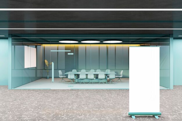 Modern glass office meeting room interior with empty white mock\
up banner corrdidor furniture daylight and equipment workplace and\
corporate concept 3d rendering