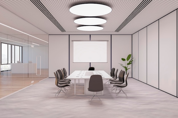 Modern glass office meeting room interior with empty white mock\
up banner wooden flooring corrdidor furniture daylight and\
equipment workplace and corporate concept 3d rendering