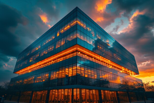 A modern glass skyscraper with orange lights reflecting off its windows at sunset