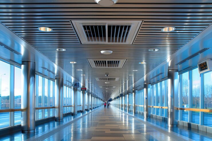Modern glass and steel skyway with a reflective interior