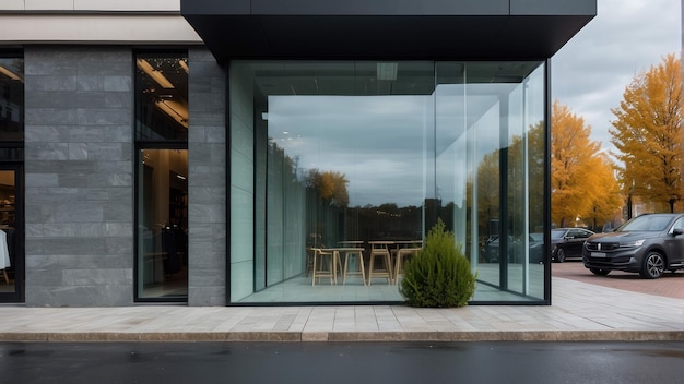 Modern glass storefront with trees and chairs