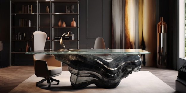 モダンなガラストップオフィスデスク黒回転椅子