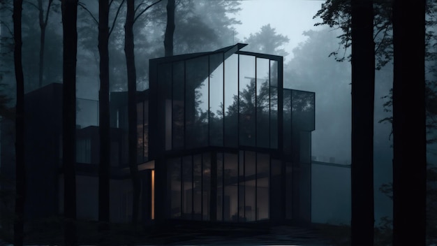 Modern glazen huis in het dichte en mistige bos