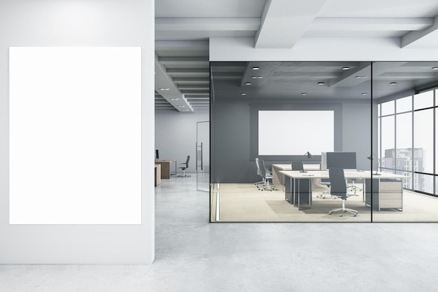 Foto modern glazen kantoorinterieur met lege mock-up banner op muurraam en uitzicht op de stad meubels en uitrusting werkplekconcept 3d rendering