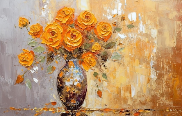 現代の金絵の抽象的な花瓶花瓶の金の要素に植物の花が咲きます