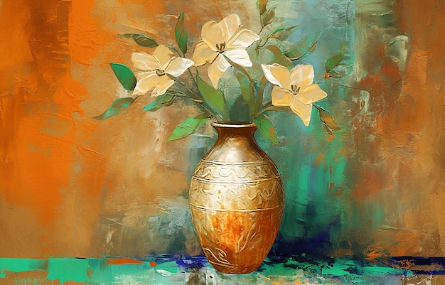現代の金絵の抽象的な花瓶花瓶の金の要素に植物の花が咲きます