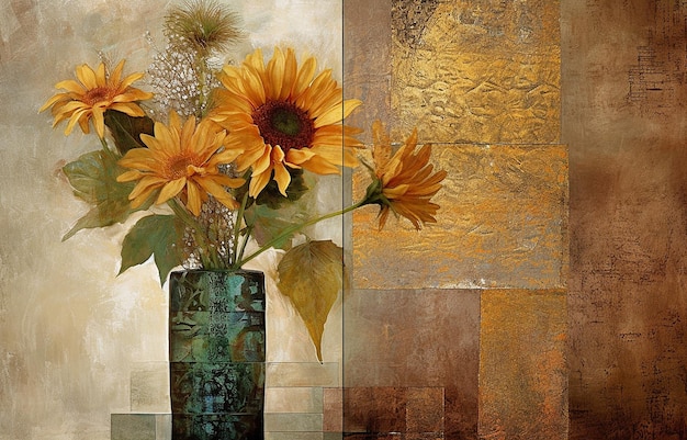 Modern gold painting abstract vase Plants flower in a vase gold element