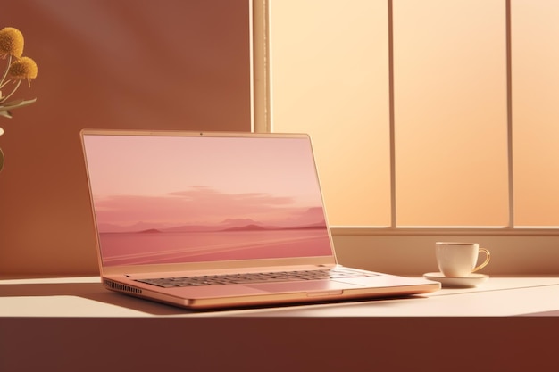 Modern golden laptop on the table with cup near a window with sunlight Pastel colors