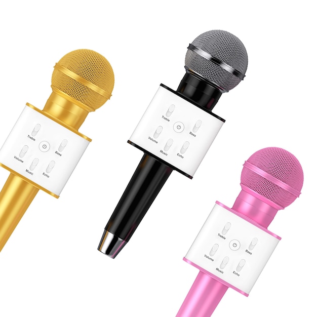 Modern Golden, Pink and Black Personal Vocal Cordless Radio Wireless Karaoke Microphones with Speaker and Sound Controls on a white background. 3d Rendering