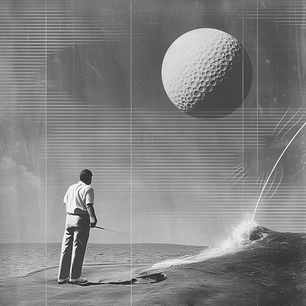 Modern Golfer Art Collage with Vivid Trajectory in Grayscale