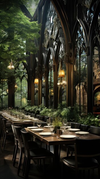 Modern gothic resturant with floor to ceiling window UHD wallpaper