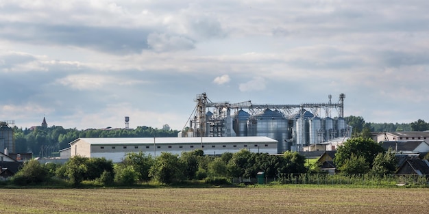 Modern Granary elevator and seed cleaning line Silver silos on agroprocessing and manufacturing plant for storage and processing drying cleaning of agricultural products flour cereals and grain