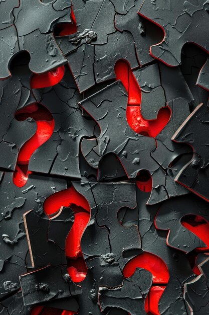 Modern graphic design featuring a puzzled backdrop with red question marks