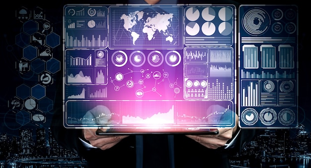 Modern graphic interface shows massive information of business sale report, profit chart and stock market trends analysis on screen monitor.