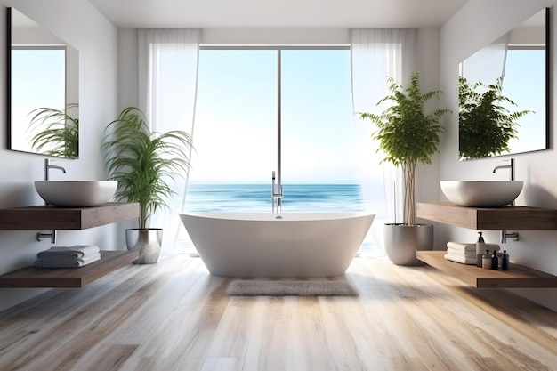 Современная серая ванная комната с ванной 3d-рендеринга