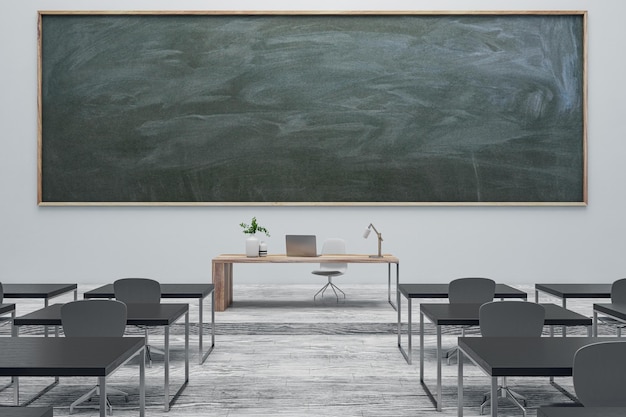 Modern gray classroom interior with chalkboard furniture and wooden flooring Mock up place Back to school concept 3D Rendering