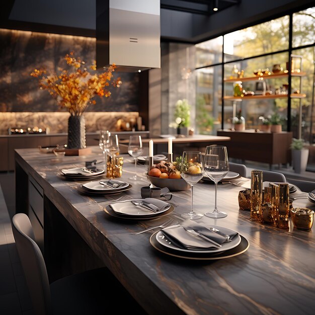 A modern gray dining table in a modern kitchen this is beautifully decorated in autumn style
