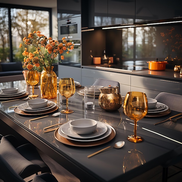 A modern gray dining table in a modern kitchen this is beautifully decorated in autumn style