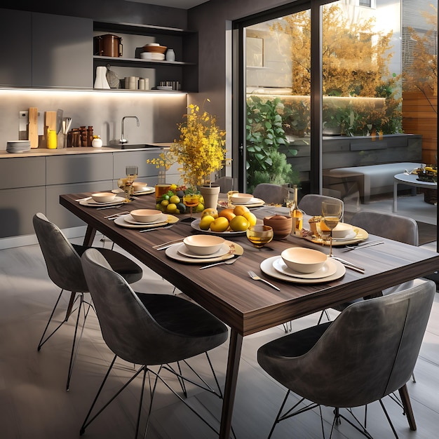 Un moderno tavolo da pranzo grigio in una cucina moderna, splendidamente  decorato in stile autunnale