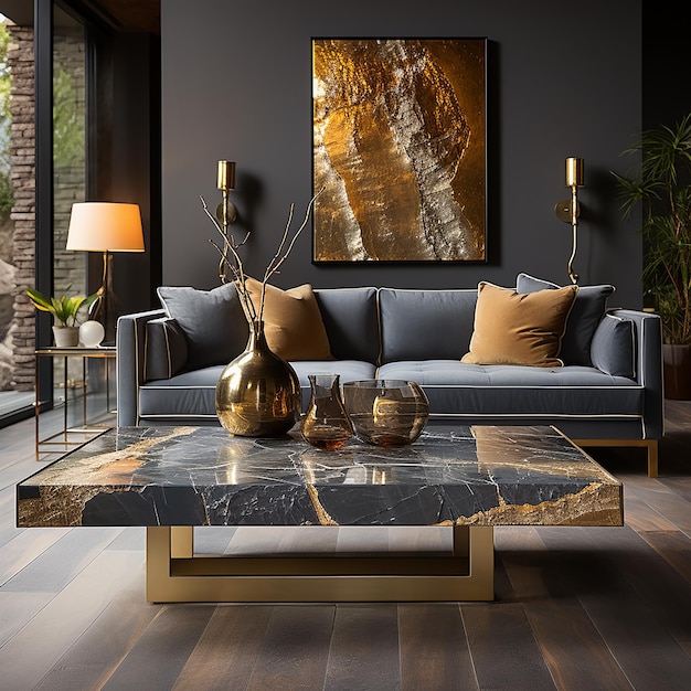 Foto modern_gray_fabric_sofa_with_marble_stone_coffee_table
