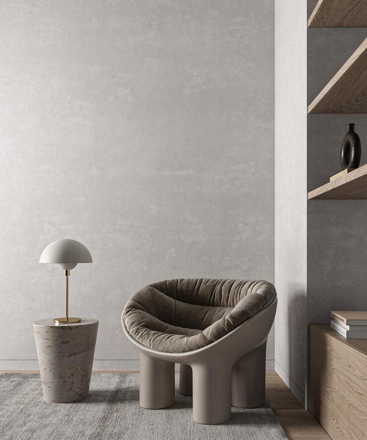 Photo modern gray livingroom with shelves in niche and armchair background light modern japanese nature