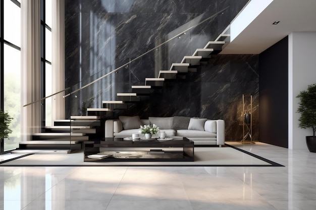 Modern Gray Marble Staircase with Glass Panel Ai Generative