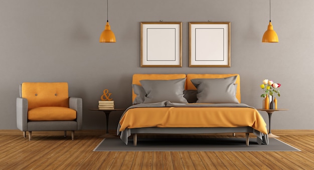 Modern gray and orange bedroom