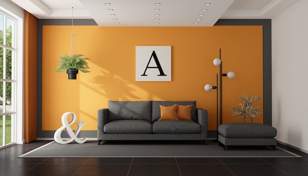 Modern gray and orange living room