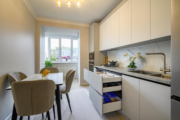 Modern gray and white kitchen interior