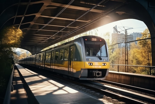 Современный серый и желтый поезд прибывает на станцию в городе