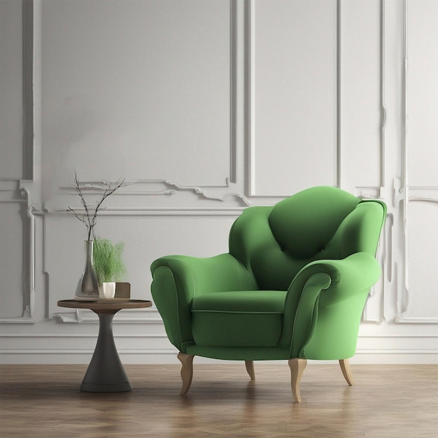 A modern green armchair with a small table and a vase