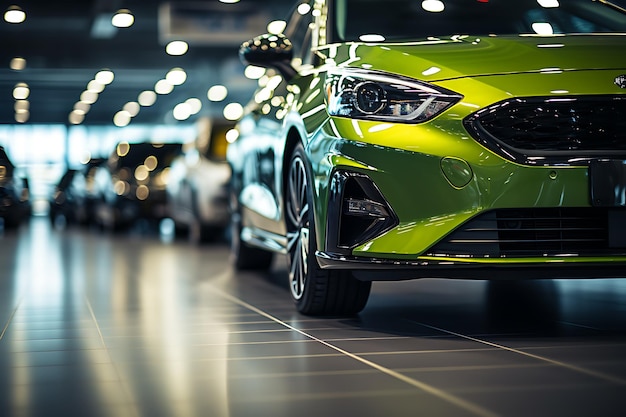 Modern Green car in the car showroom 3d rendering