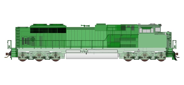 長くて重い鉄道列車を動かすための大きな力と強さを備えた現代のグリーンディーゼル鉄道機関車。 3Dレンダリング。