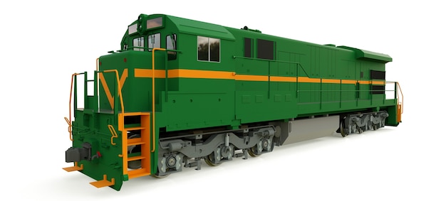 Modern green diesel railway locomotive with great power and strength for moving long and heavy railroad train