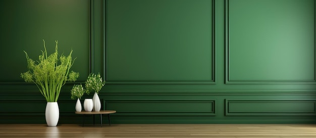 Photo modern green interior with wall panels and wooden floor mock up